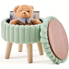 Velvet Round Ottoman with Wood Legs Multifunctional Footrest
