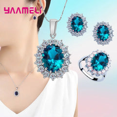 925 Sterling Silver Plated Princess Oval Zircon Jewelry Set – Necklace, Earrings & Ring
