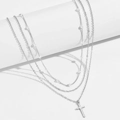 LATS Multilayer Pearl Cross Love Heart Pendant NecklaceGold Color Fashion Neck Chain Trend Jewelry
