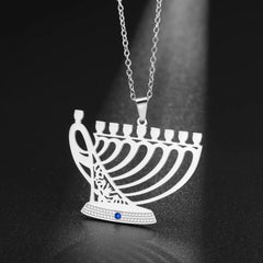  Dreamtimes Vintage Metal Candlestick Pendant Necklace for Women Men Judaism Menorah Trinket Jewelry Jerusalem Religion Gifts