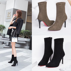 Autumn Winter New High Heel Velvet Short Boots Pointed Toe Solid Color Thin Heel Suede Versatile Sock Boots Stretch Women Shoes