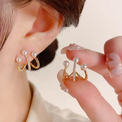 14K Gold Zircon Pearl Twist Stud Earrings for Women