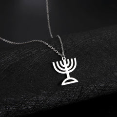 Lucktune Judaism Menorah Pendant Necklace Stainless Steel Lampstand Sacred Amulet Chain Necklace for Women Men Vintage Jewelry