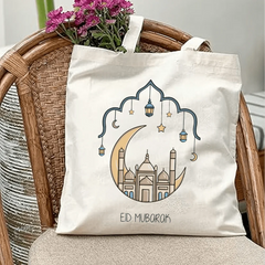 Islamic Ramadan Themed Polyester Tote Bag, Durable Large Capacity Handbag with Eid Mubarak Print, Ideal for Outdoor Picnic, Shopping