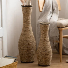 Ins Grass Rope Woven Vase Handmade Flower Insert Holder Large Floor Standing Living Room Decor Retro Versatile Flower Basket