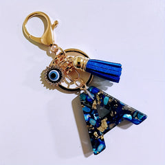 Blue Resin Initial Keychain - Evil Eye Letter Charm with Rhinestones & Tassel, Stylish Gift for Women, Lobster Clasp Accessory