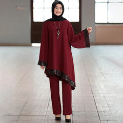 Ramadan 2 Piece Set Muslim Women Turkey Asymmetry Abaya Blouse Wide Leg Pants Kaftan Eid Suits Islamic Clothes Djellaba Musulman