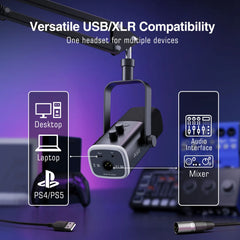 FIFINE Dynamic XLR Microphone Kit with Boom Arm for Mixer,Gaming USB Mic Set with RGB,Volume Control for PC PS5/4 AmpliGame AM8T