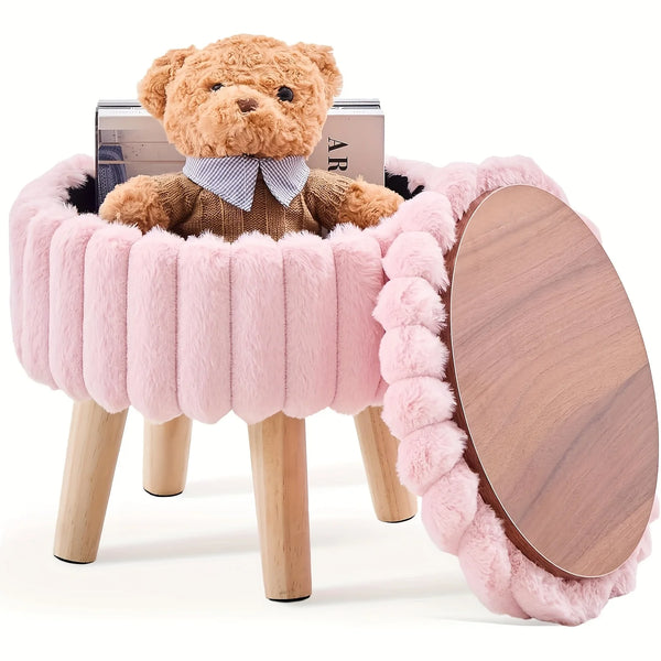 Velvet Round Ottoman with Wood Legs Multifunctional Footrest