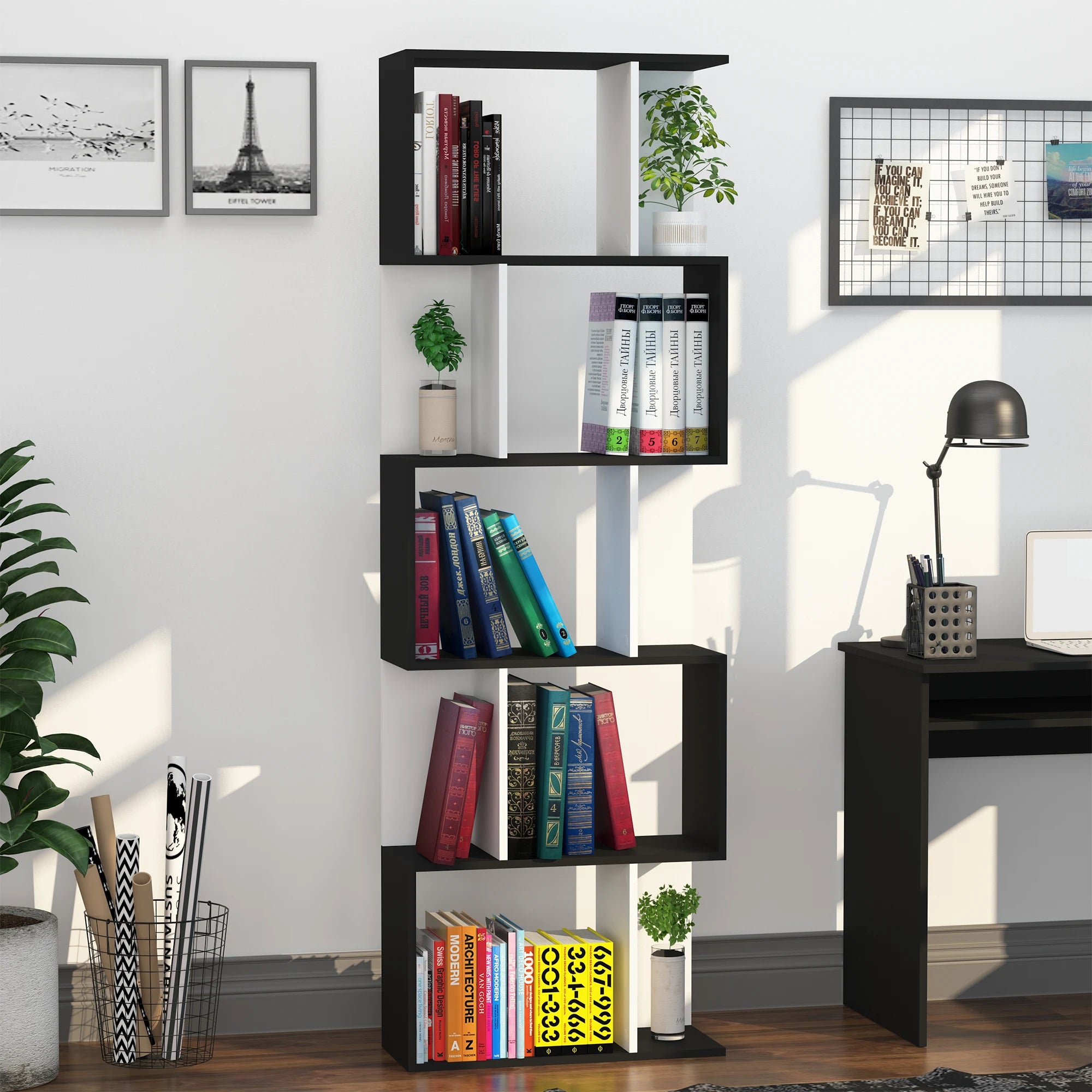HOMCOM 5-tier Bookcase Storage Display Shelving S Shape design Unit Black Office Furniture