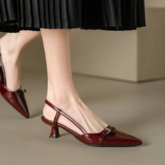 2024 New Summer Women's Dress Shoes Patent Leather Slip on Pointed Toe Sandals Buckle Slingbacks Mid Heels Pumps Sandalias Shoes