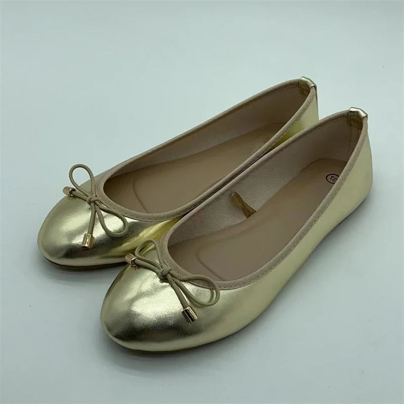 Eilyken Gold Silver Elegant Bowknot Round Toe Women's Flat Comfort Slip-On Ladies Ballerina Single Mules Flat Shoes