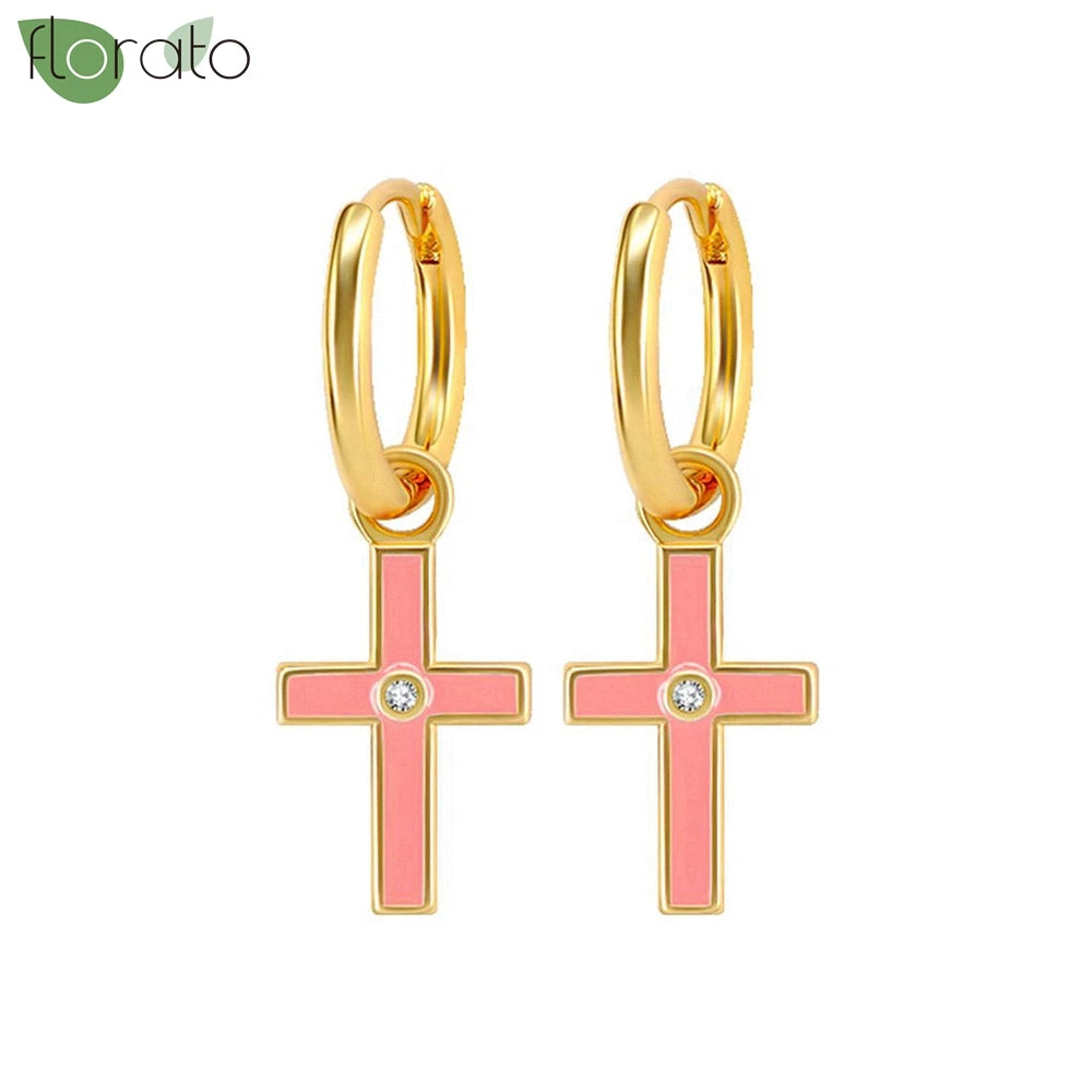 925 Sterling Silver Needle Fashion Cross Pendant Hoop Earrings for Women Vintage Gold Color Small Earrings Luxury Jewelry Gifts