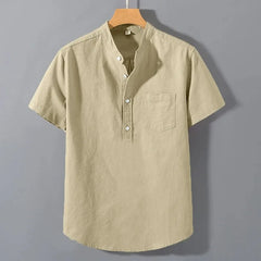 Mens Short Sleeve T Shirts Solid color Stand Up Shirt Summer Trendy Breathable Loose Youth Basic Cotton Pocket Top