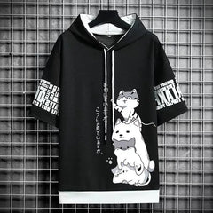 Men's Japan Fashion Men's Hoodies Summer Men Clothing Cartoon Casual Harajuku Streetwear Print Hooded Top Short Sleeve Sweatshirts Men