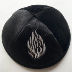 Judaical Velvet Kippah with Embroidery Of Fire for Men Yamaka Hat Kippot Royal Blue Grey 18cm