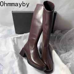 Vintage Thick Heel Women Knee High Boots Fashion Side Zippers Shoes Autumn Winter Ladies Concise Long Botas De Mujer Shoes