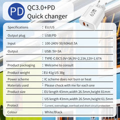 PD 65W GaN Charger USB C Fast Chargering Adapter For Samsung S23 S22 iPhone 15 14 Xiaomi Huawei LG Quick Charge 3.0 USB Charger