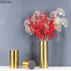 Gold-plated Brass Cylinder Vase Artificial Flowers Decorative Flower Arrangement Desk Decoration Minimalism Metal Floral Vases Home Decor