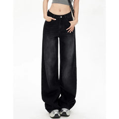 Lady Retro Black Gray High Waist Jeans Pants Women Fashion Straight Leg Denim Trousers Girls Loose Fit Thin Casual Pants