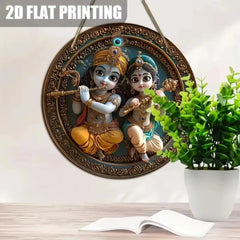 Charming Round Krishna & Radha Wall Ornament: Traditional Hindu Present, Rustic Spiritual Decor Piece