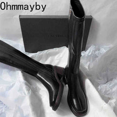 Vintage Thick Heel Women Knee High Boots Fashion Side Zippers Shoes Autumn Winter Ladies Concise Long Botas De Mujer Shoes