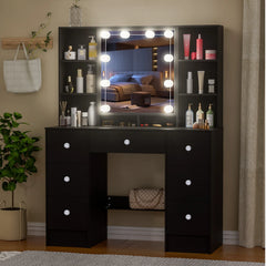 Teousev Black Dressing Table Wood Makeup Desk with 3-Colour Adjustment LED Mirror and 7 Drawers Dressers For Bedroom Furniture