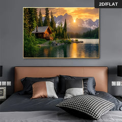 Frameless Modern Rustic wooden houses are set in a lush forest on the shores of a peaceful lake Wall art Canvas Painting Art for