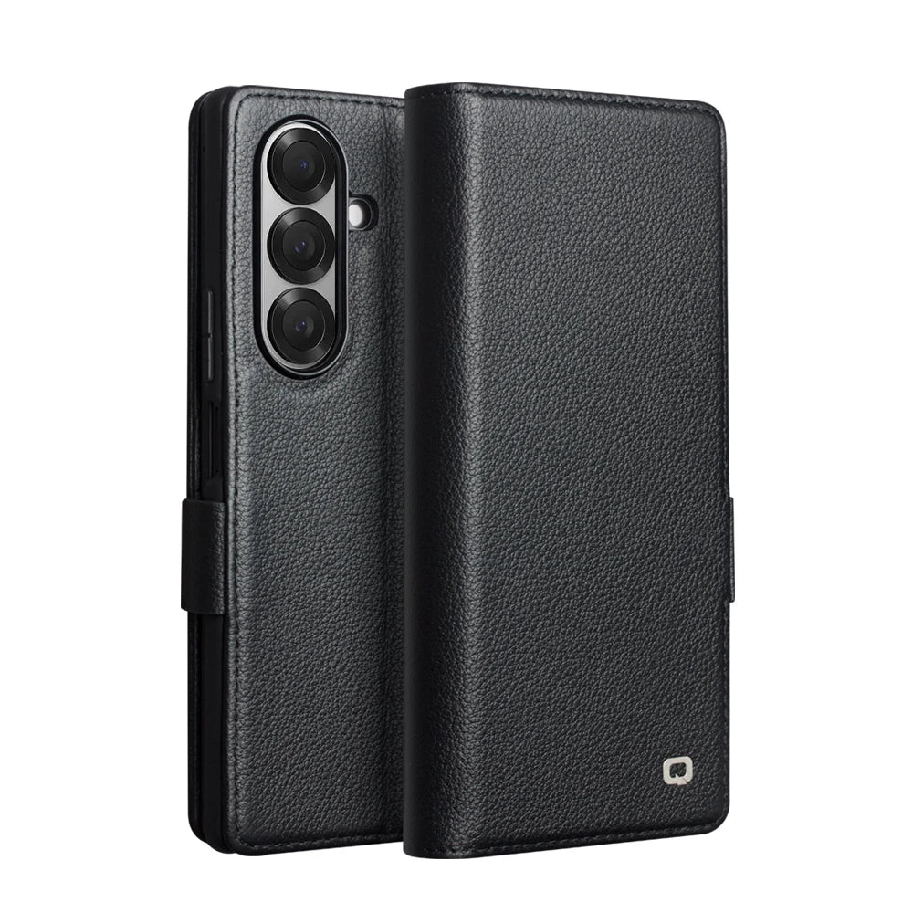 QIALINO Case for Samsung Fold 7 Slim Card Slot Holder Holster Genuine Leather Sleeve Bracket Corner Protection Cover with Magnet