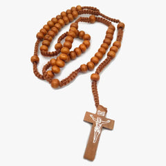 Christ Jesus Wooden Beads 8mm Rosary Bead Cross Pendant Woven Rope Chain Necklace Religious Orthodox Praying Jewelry Chain Decor
