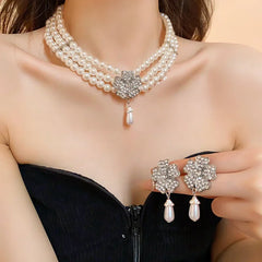 French Luxury Flower Pearl Jewelry Set – Multi-Layer Necklace & Earrings