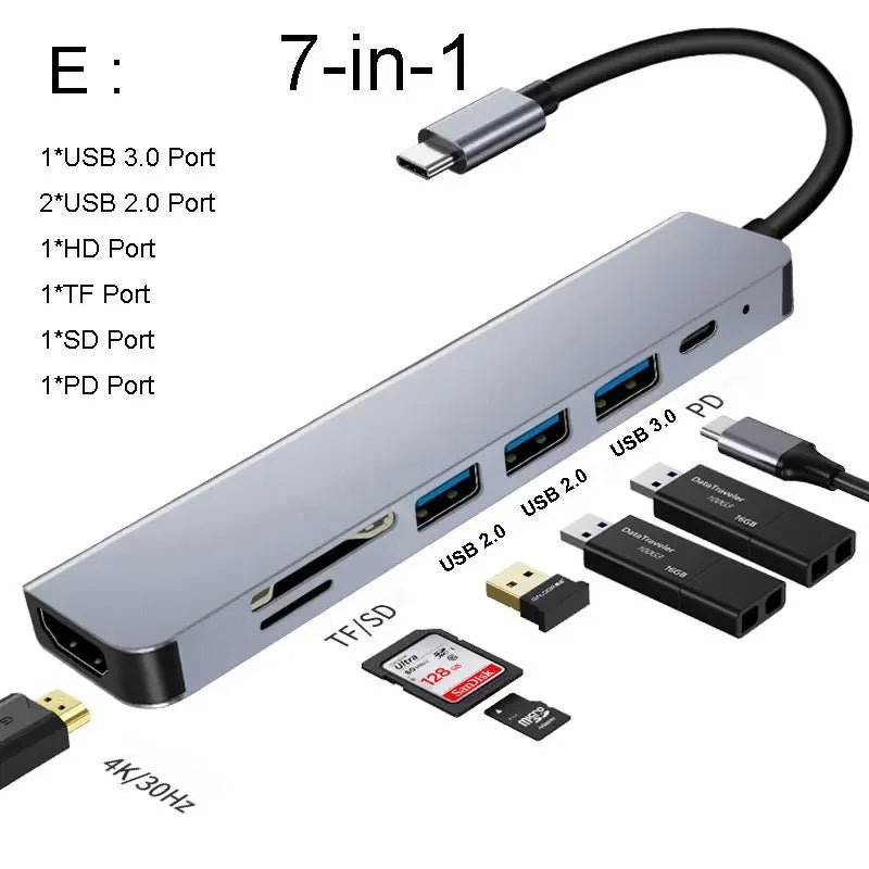 USB 3.0 Hub For Laptop Adapter PC Computer PD Charge Dock Station RJ45 HDMI-compatible TF/SD Card Notebook Type-C Splitter