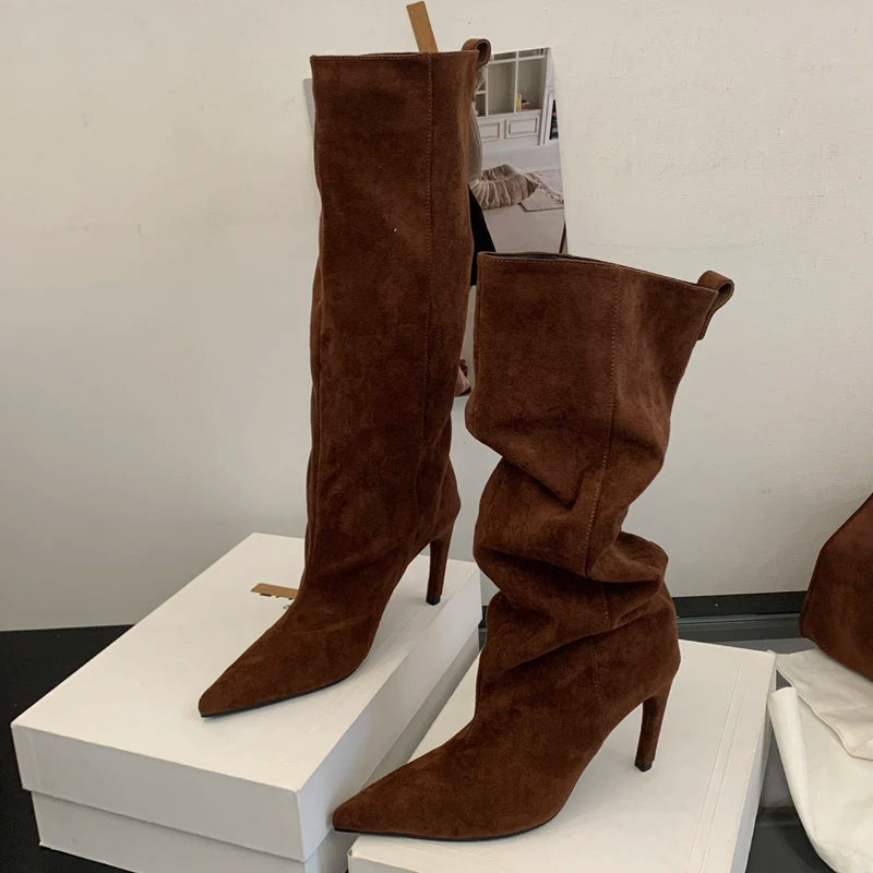 Aneikeh Fashion Winter Pointed Toe Knee-High Women Boots Thin Heels Shoes Female Punk Long Booties Zapatos De Muje