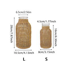 Vintage Rattan Vase Hand Woven Wicker Flower Pot Glass Bouquets Holder Vases Wedding Party Dining Table Centerpiece Decor