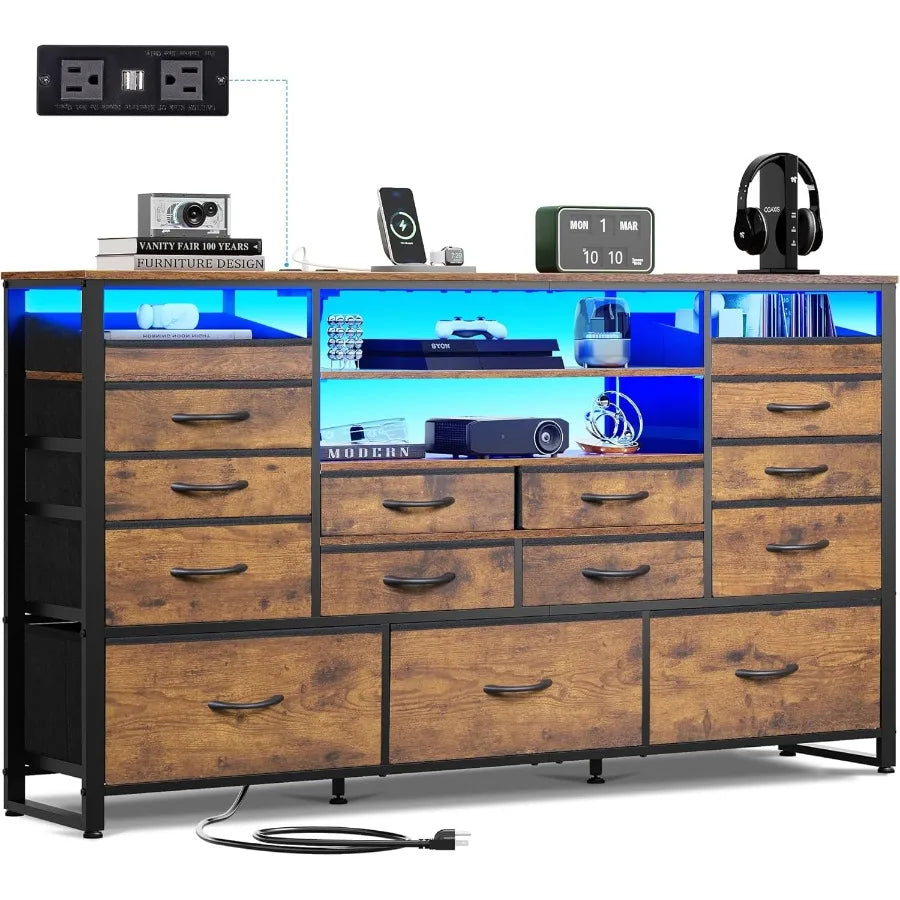 TV Stand for 55 60 65 inch TV Entertainment unit with LED Lights Charging Station Media Console Table with 15 Fabric Drawers Living Room Furniture