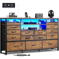 TV Stand for 55 60 65 inch TV Entertainment unit with LED Lights Charging Station Media Console Table with 15 Fabric Drawers Living Room Furniture