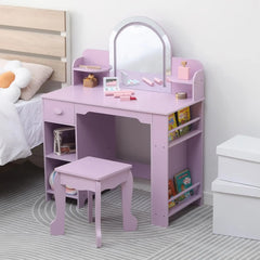 Lighted Princess Vanity Table with Stool Kids Makeup Desk Set Featuring , Drawer & Storage Shelves Girls Room Decor Dressing Table Bedroom Furniture