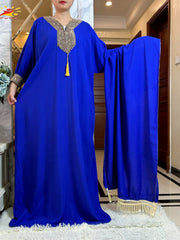 2025New Muslim Women Long Sleeve Autumn  Dress Cotton With Big Scarf Boubou Maxi Islam Women Dress African Abaya