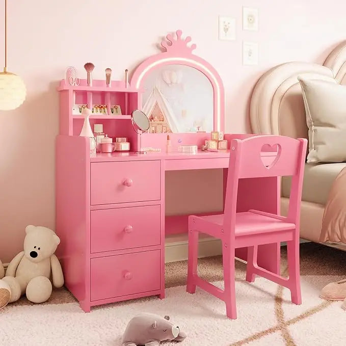 Kids Vanity Desk with Mirror and Lights, White Princess Wooden Makeup, Storage Shelves and Drawers, 2-in-1 Girls Dressing Table Bedroom Furniture