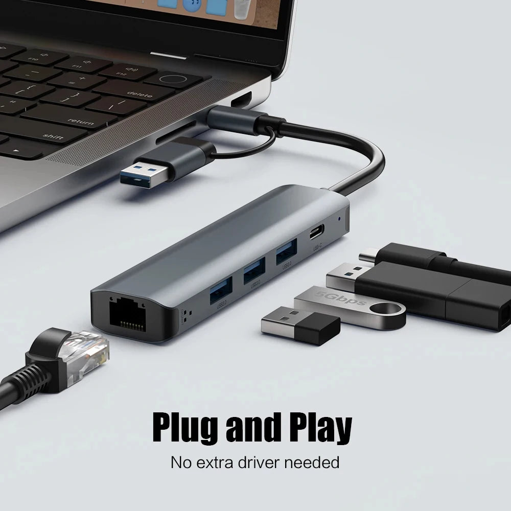 Type C Multiport Hub Adapter USB 3.1 USB 3.0 Gigabit Ethernet RJ45 1000Mbps Splitter for MacBook