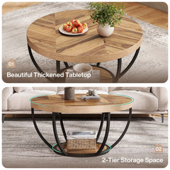 Tribesigns 31.7" Round Coffee Table, Industrial 2-Tier Circle Coffee Table with Storage Shelves, Modern Wooden Accent Center Tab Living Room Furniture