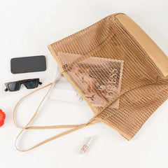 1pcs Foldable Beach Bag with Mesh Net, Mesh Bag, Women's Shoulder Bag, Essential for Outdoor Travel and Leisure Activities