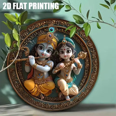 Charming Round Krishna & Radha Wall Ornament: Traditional Hindu Present, Rustic Spiritual Decor Piece