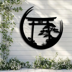 Japanese Bonsai Tree Torii Gate Wall Sculpture - Metal Wall Art, Elegant Hanging Decoration, Housewarming Iron Mural Gift