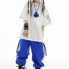 Jazz Dance Clothes Boys Girls Hip Hop Costume Loose Shirt Blue Pants Boys Breaking Street Dance Outfit Short Sleeves Suit
