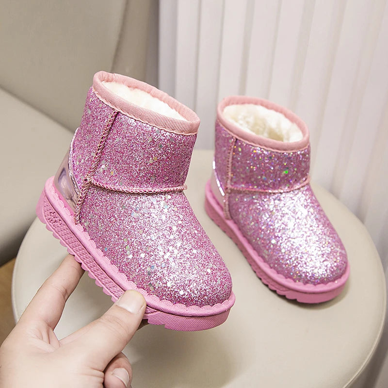 Winter Girl's Snow Boots Glimmer Three Colors Thick Fur Kids Short Boot Warm Beautiful Stylish Slip-on Children Shoes 25-36