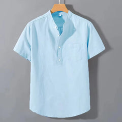 Mens Short Sleeve T Shirts Solid color Stand Up Shirt Summer Trendy Breathable Loose Youth Basic Cotton Pocket Top