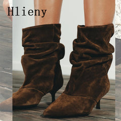 Liyke Winter Pleated Suede Women Shoes Pointed Toe Low Thin Heels Female Brown Retro Elegant Designer Ankle Boots Bottes Femme
