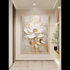 Nordic Handpainted Gold White Flower Oil Wall Art Home Decor