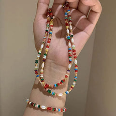 Colorful Beads & Freshwater Pearl Necklace – Retro Gold Clavicle Chain